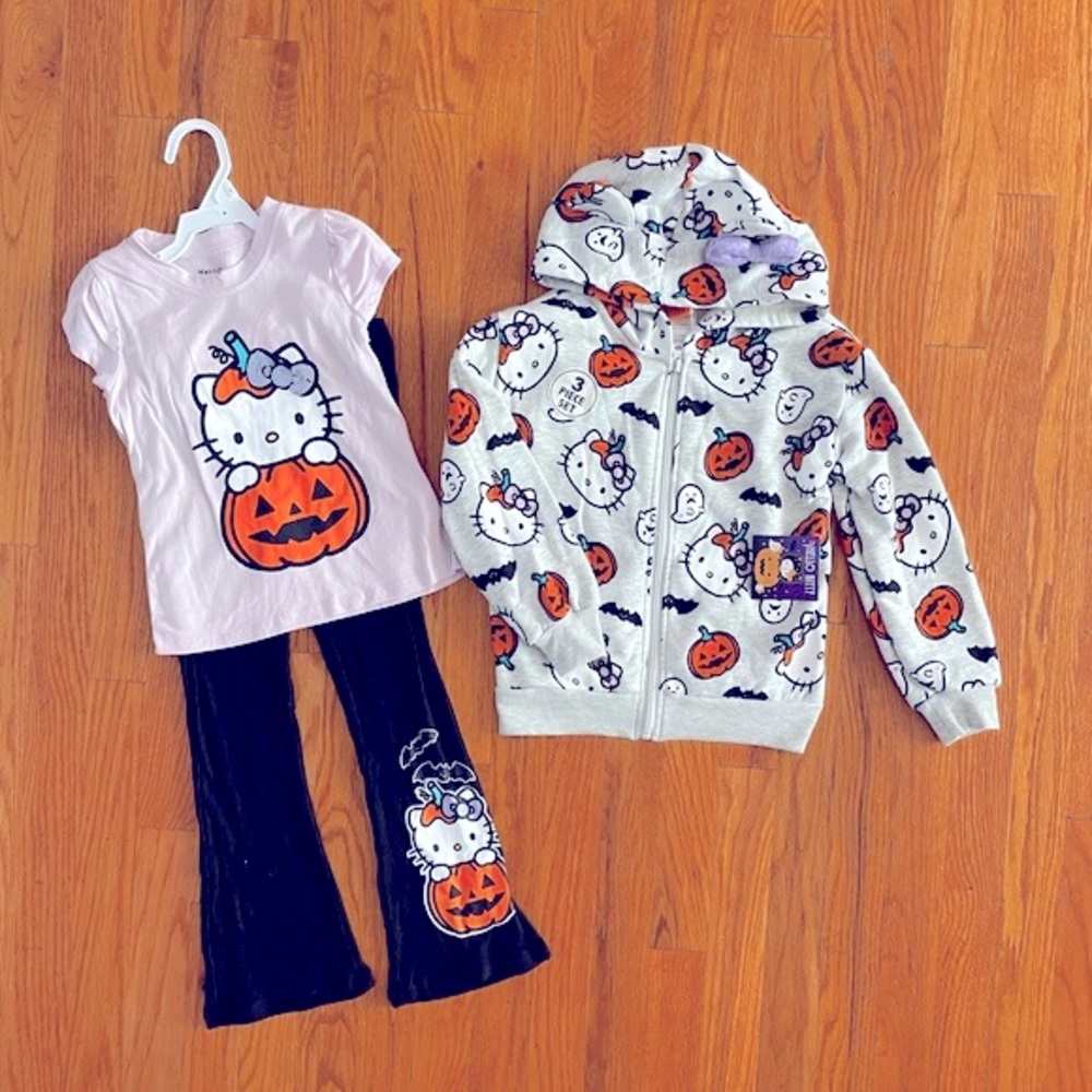 Hello Kitty 3PC Halloween Pumpkin Outfit Hoodie Pants Top Set Sz. 5, 6